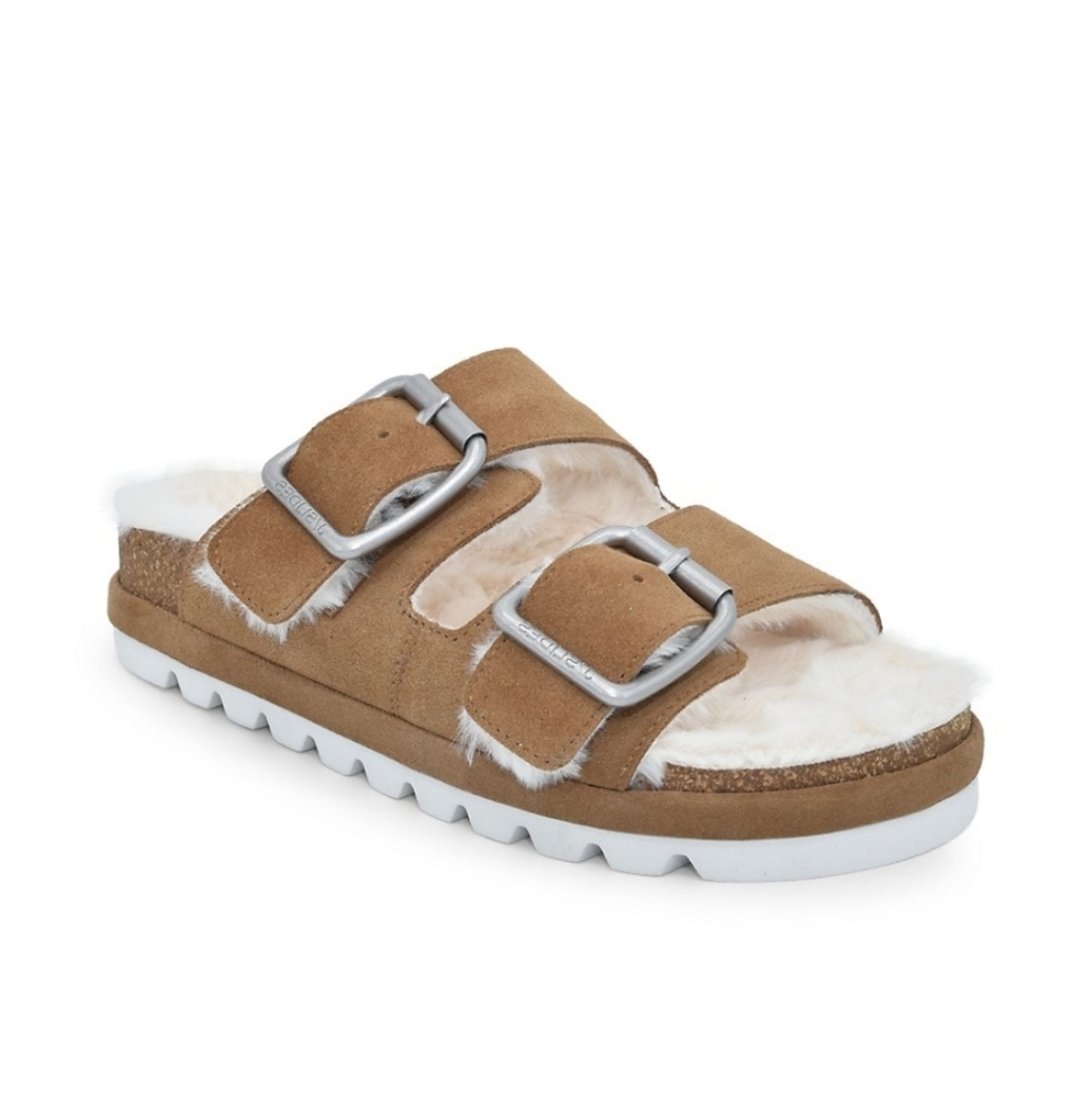 J/Slides Letty Faux Fur Lined Suede Slide Sandals in Blush